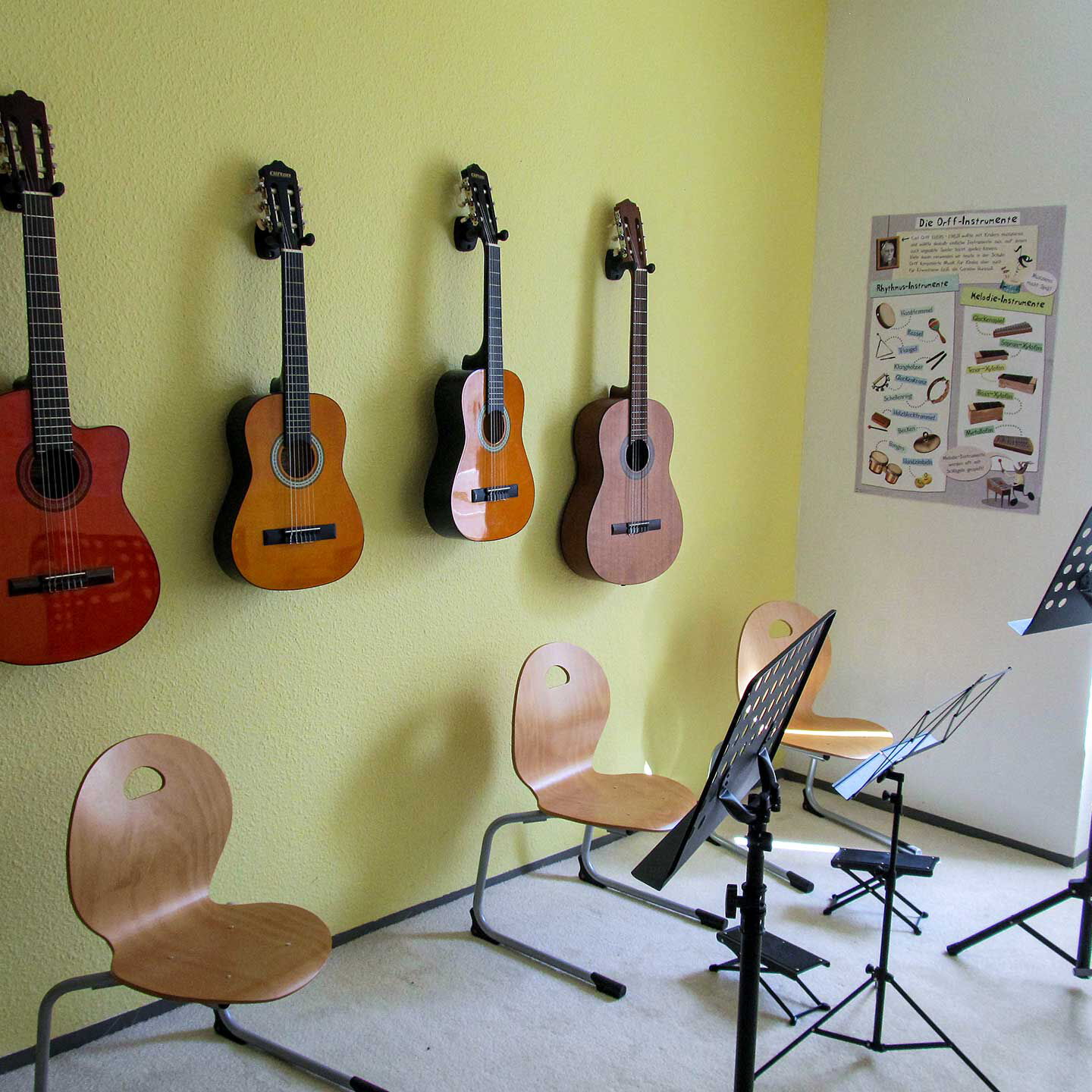 Im Musikzimmer hängen vier Gitarren an der Wand. Im Vordergrund stehen drei Stühle mit jeweils einem Notenständer.