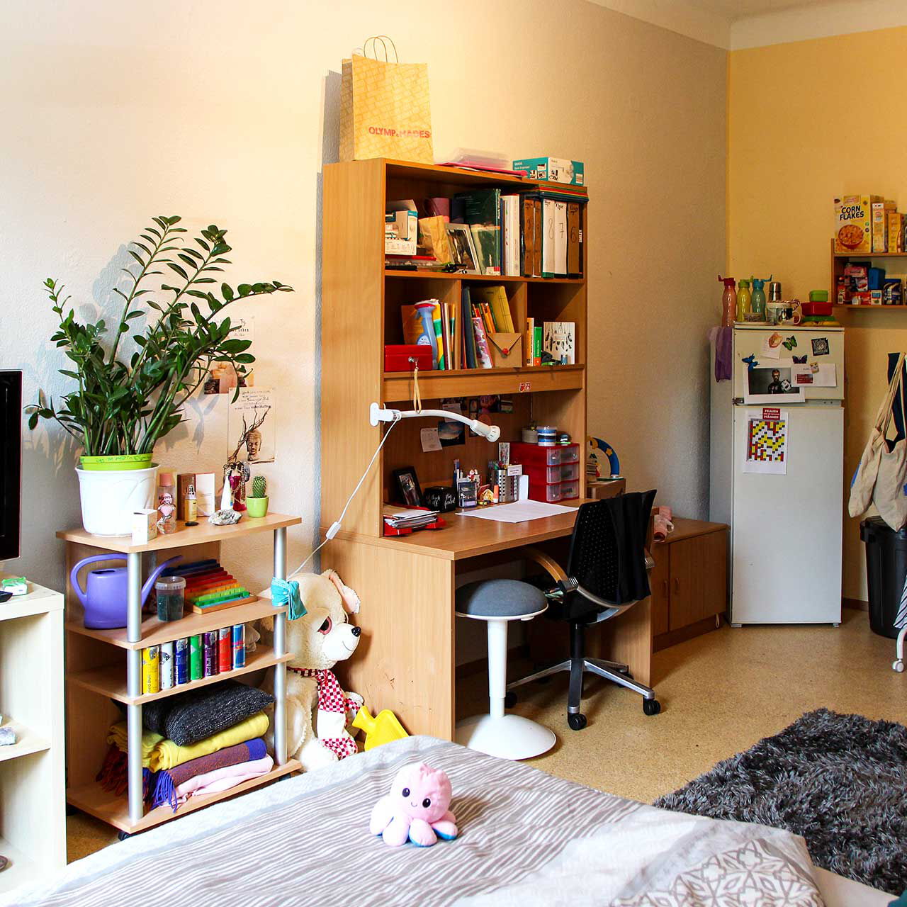 Ein Jugendzimmer mit einem Schreibtisch, TV, Kühlschrank und Garderobe. Im Bildvordergrund steht ein Bett.