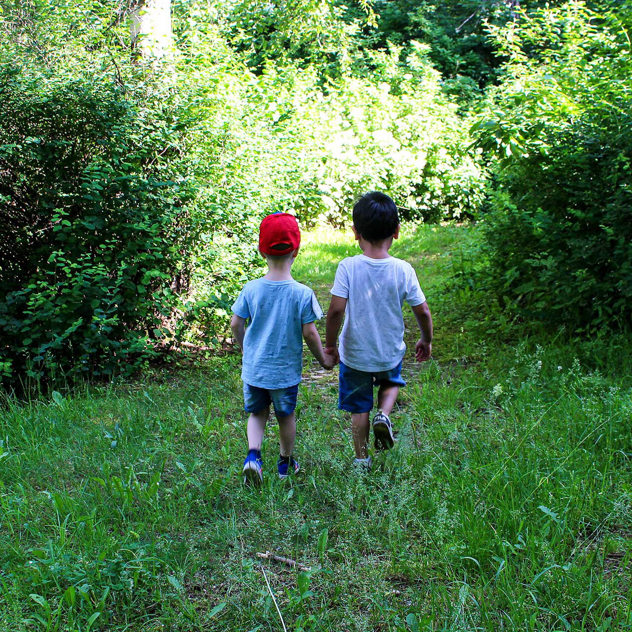 Zwei Kleinkinder laufen Hand in Hand auf einer Wiese.