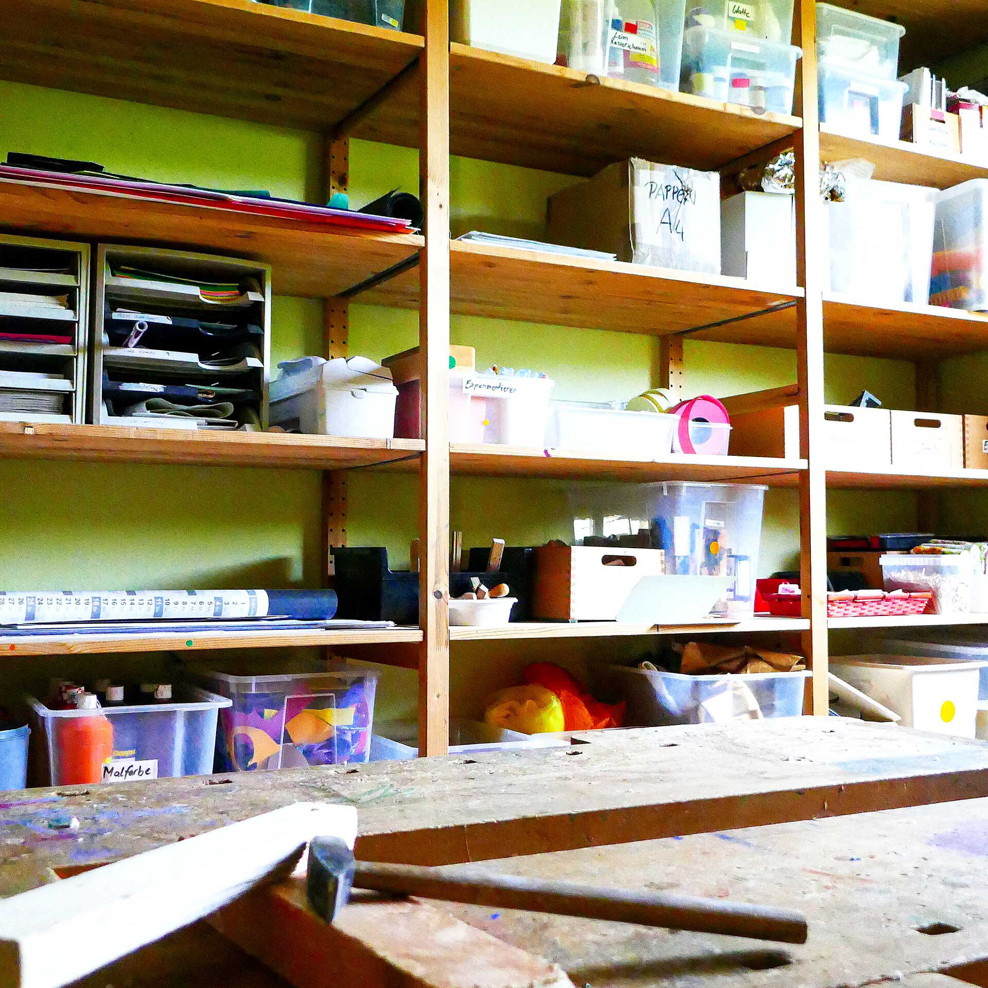 In der Kinderwerkstatt laden ein breites Angebot an Materialien, Werkzeug und eine echte Werkbank ein zu Experimentieren und zu Werkeln.